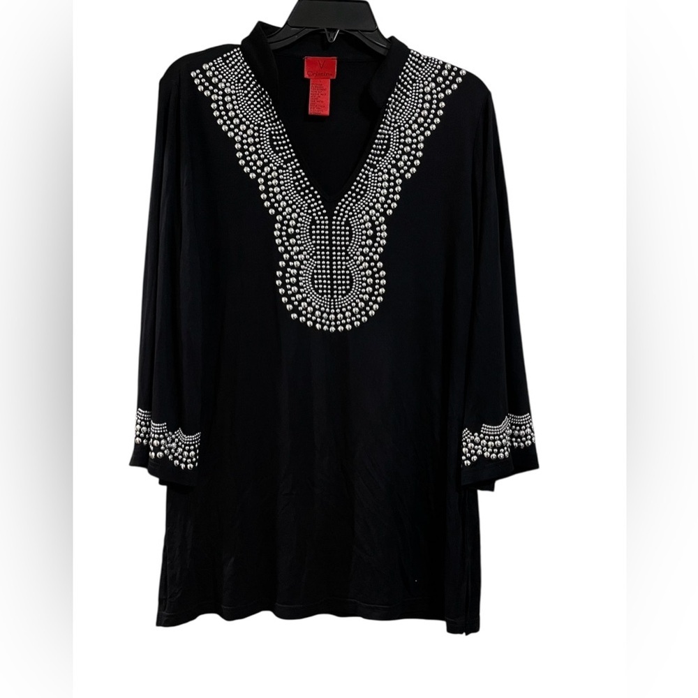 V Cristina Black Silver Studded Stretch Tunic Blouse Top Size Large V-Neck NICE